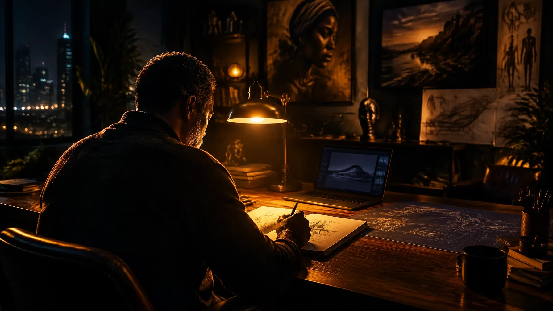 A builder working by warm lamplight in a dim studio at night